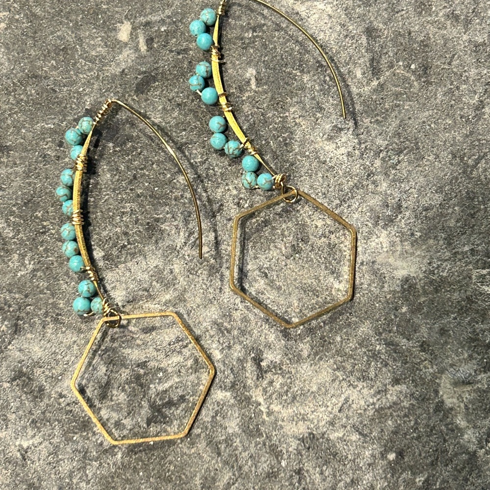 Modern hand wrapped turquoise semiprecious stone on brass earrings